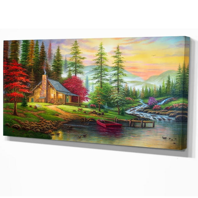 Designart - House in the forest - Landscapes Painting Print on Wrapped Canvas