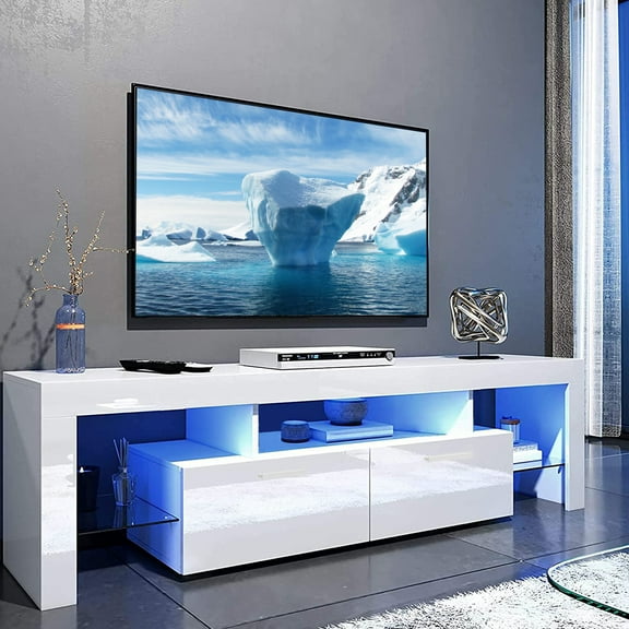 Modern TV Stand for TV up to 70 inch, Entertainment Center for Living Room, TV Console Table, High Glossy TV Storage Cabinet with 16 Colors LED Lights, Fast Assembly, 63"L×14"W×18"H, White