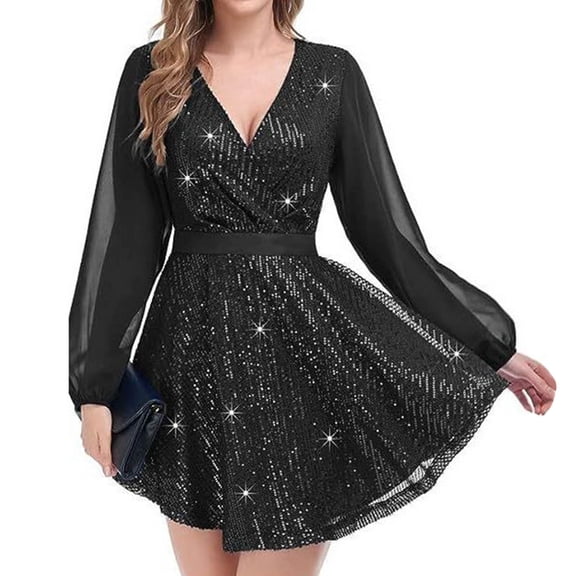 BLTIBY Womens Glitter Dress Wrap V Neck Mesh Long Sleeve Swing Club Cocktail Mini Dresses Sequin Sparkle Dress Christmas Dress Black L