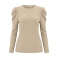thumbnail image 7 of BRGZLK Puff Long Sleeve Shirts Women Lightweight Crew Neck Ribbed Knit Sweaters Solid Color Soft Cozy Warm Business Casual Base Layer Tops Khaki M, 7 of 7