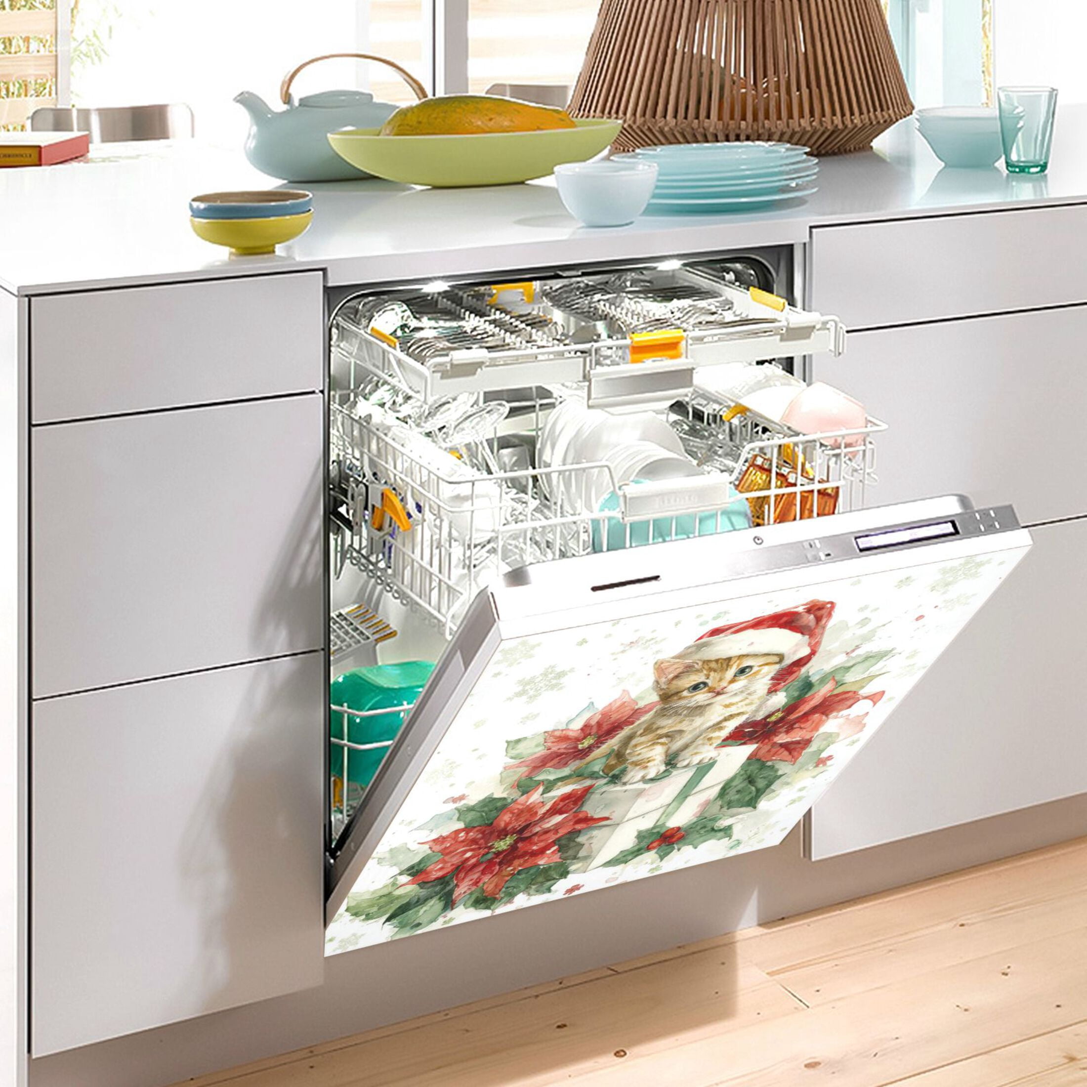 Dishwasher Magnetic Refrigerator Magnet Cover Sticker Home Decorative 23"x26" Poinsettia Flowers and Christmas Kitten