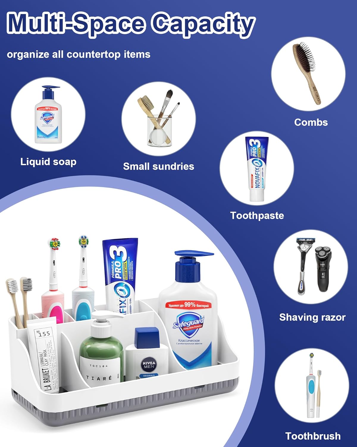 CATUOR TOOTHBRUSH HOLDERS FOR BATHROOMS, 7 SLOTS DETACHABLE ANTI-SLIP BATHROOMS COUNTER ORGANIZER AND STORAGE, ELECTRIC TOOTHBRUSH AND TOOTHPASTE HOLDER VANITY ORGANIZER, STORAGE ACCESSORIES FOR ADULTS KIDS