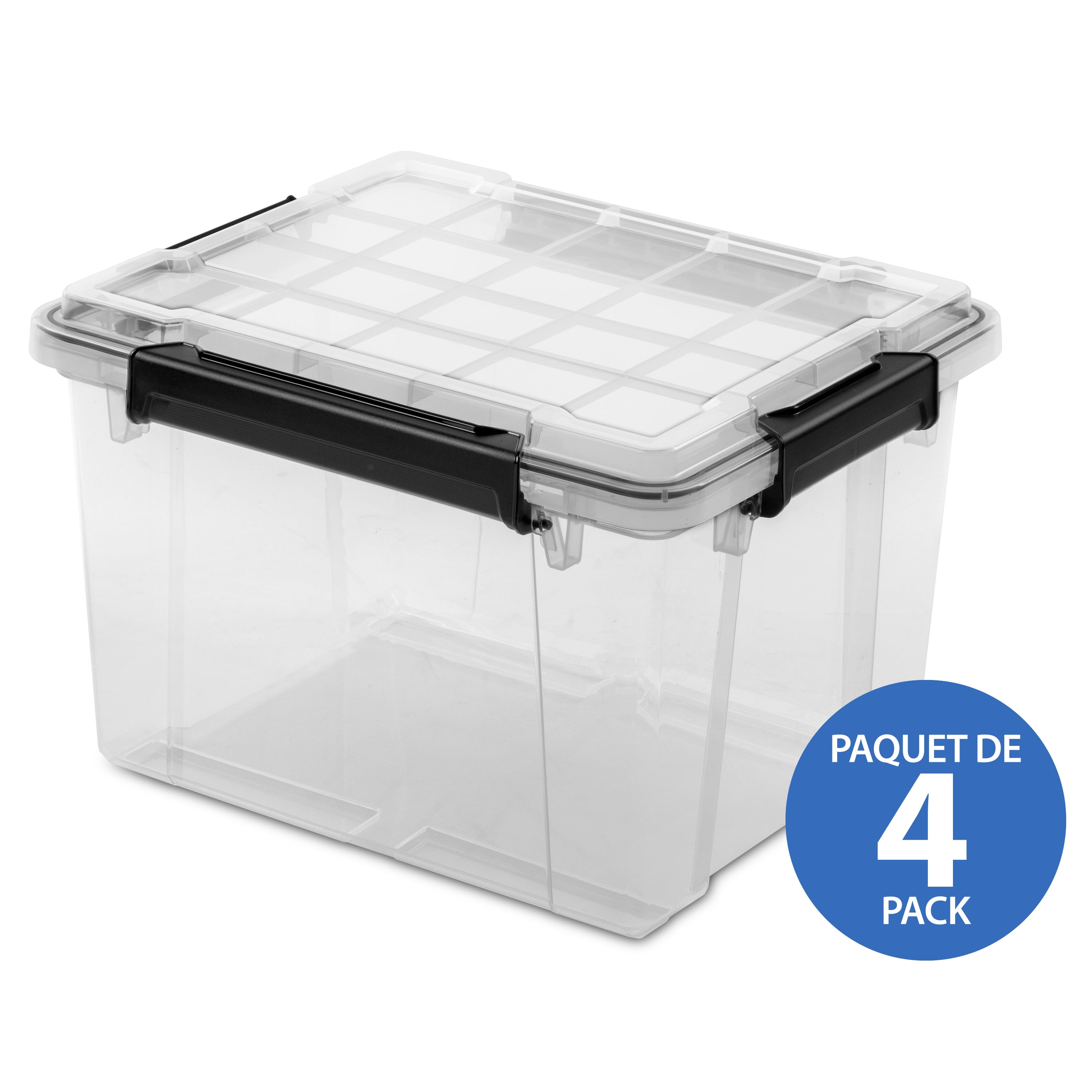 Boîte à joint d’étanchéité  32 L de Sterilite imperméable, bac de rangement en plastique transparent étanche avec couvercle et loquets durables, noir, 4 Pk