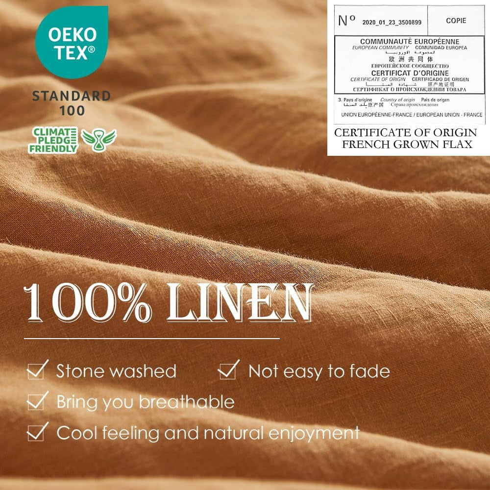 Simple&Opulence 100% Linen Duvet Cover Set 3pcs Natural French Basic Style Washed Flax Solid Color Breathable Soft Farmhouse Bedding with Button Closure (Rust, King)