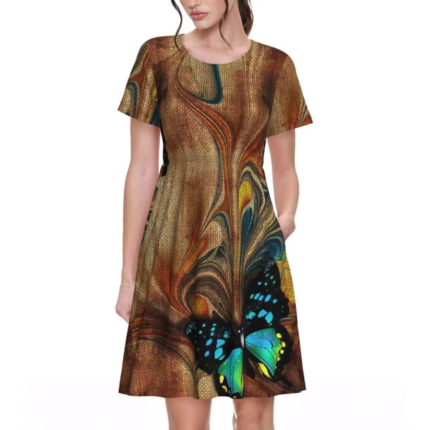 Balery Vintage Butterfly Green Vestidos sueltos de manga corta para mujer, vestidos de verano 2025, vestidos casuales de corte A con vuelo.