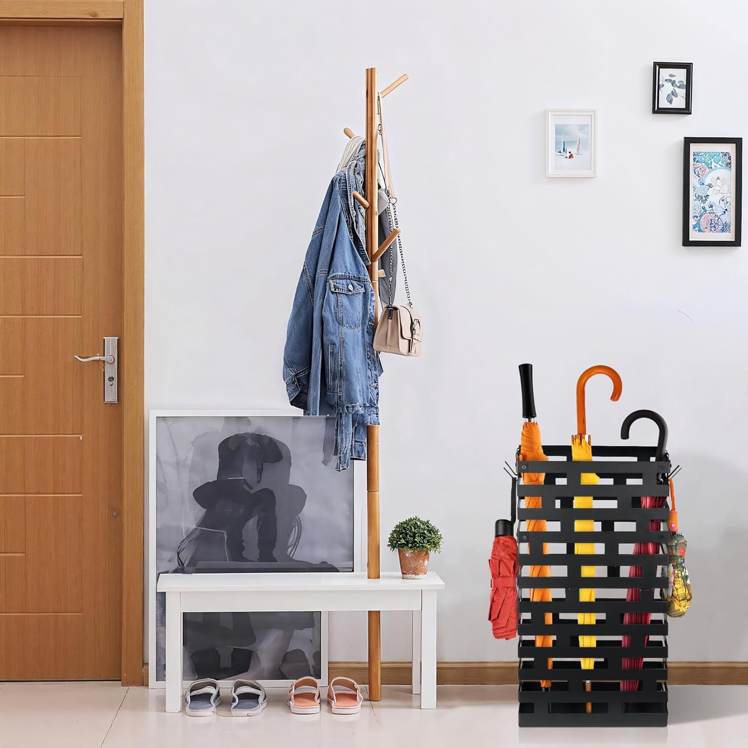 Umbrella Holder for Indoor Entryway, Large Metal Umbrella Stand with Removable Water Tray and Hooks, Umbrella Rack Storage for Home, Office, Hotel