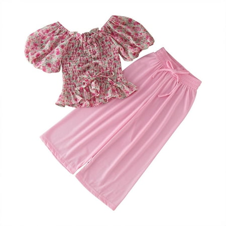 

Toddler Girl Outfits Floral Puffed Sleeves with A Line Neck Chiffon Top and Broadfoot Pants 2Pcs Suits for Kids