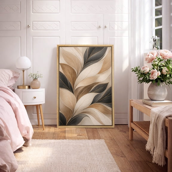 Framed Canvas Print Abstract Leaves Wall Art Modern Botanical Decorative for Living Room Bedroom - 16"x24" NATURAL