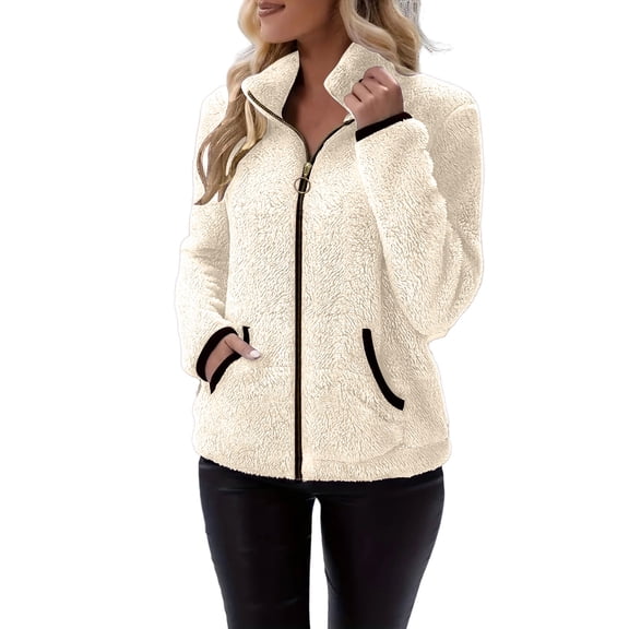 cocolona Womens Fleece Zip Up Jacket Warm Long Sleeve Collared Coat Loose Fit Solid Color Winter Outerwear
