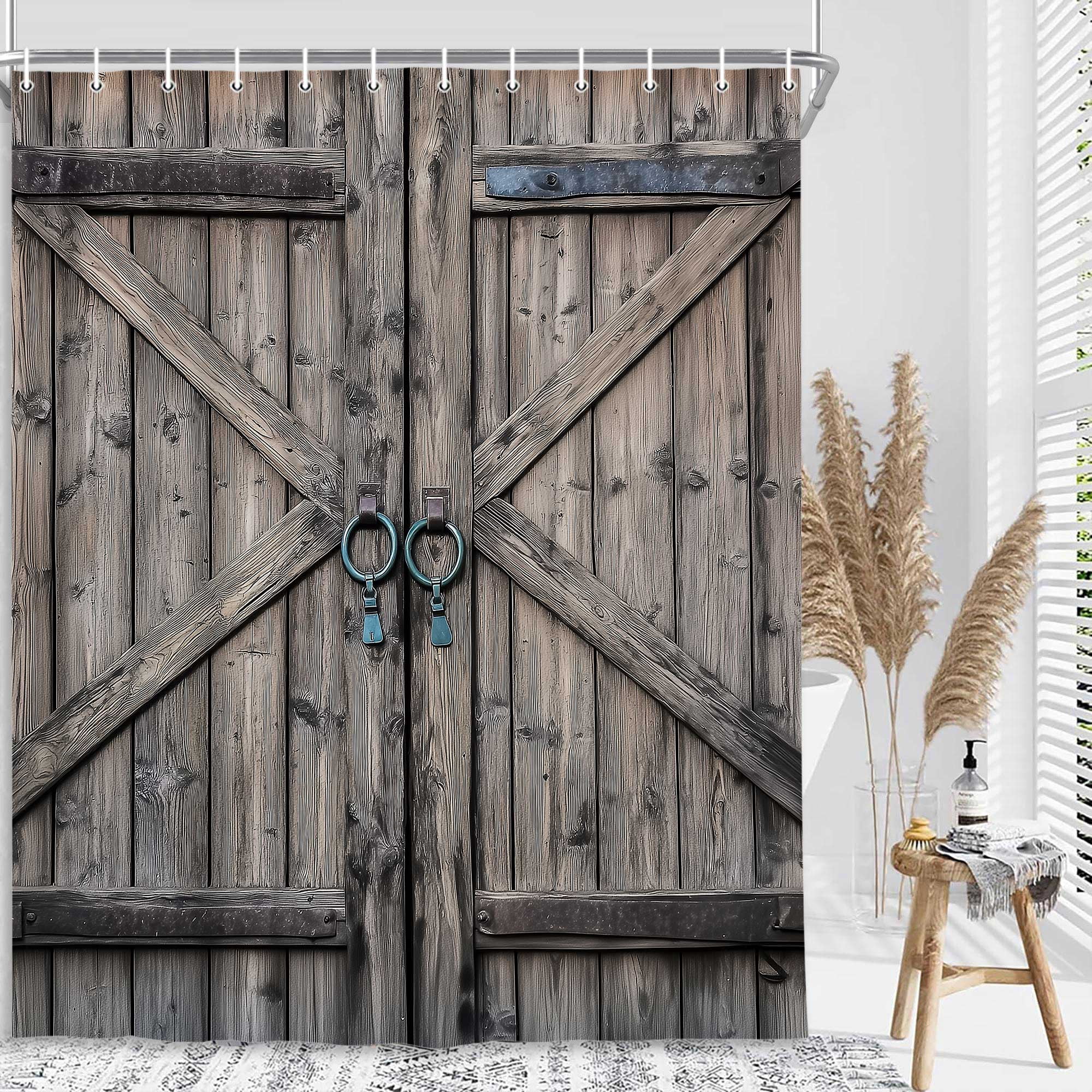 Grey Barn Door Shower Curtain, Farmhouse Vintage Countryside Wood Board Bathroom Decor Curtains, Countryside Village Rural Rustic Waterproof Fabric Bath Curtains with Hooks, 72X72in