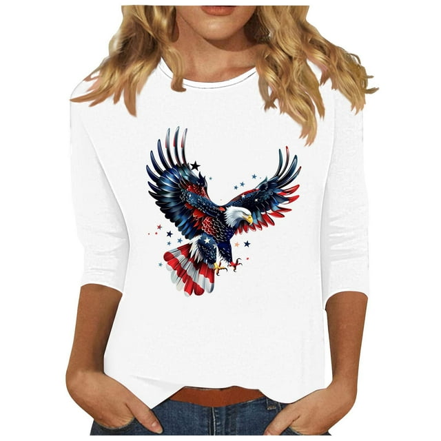 Tnhcen Hauts Patriotiques Blancs à Manches 3/4 Col Rond Imprimé pour Femmes Automne - Chemises Amicales Grande Taille P-3TG