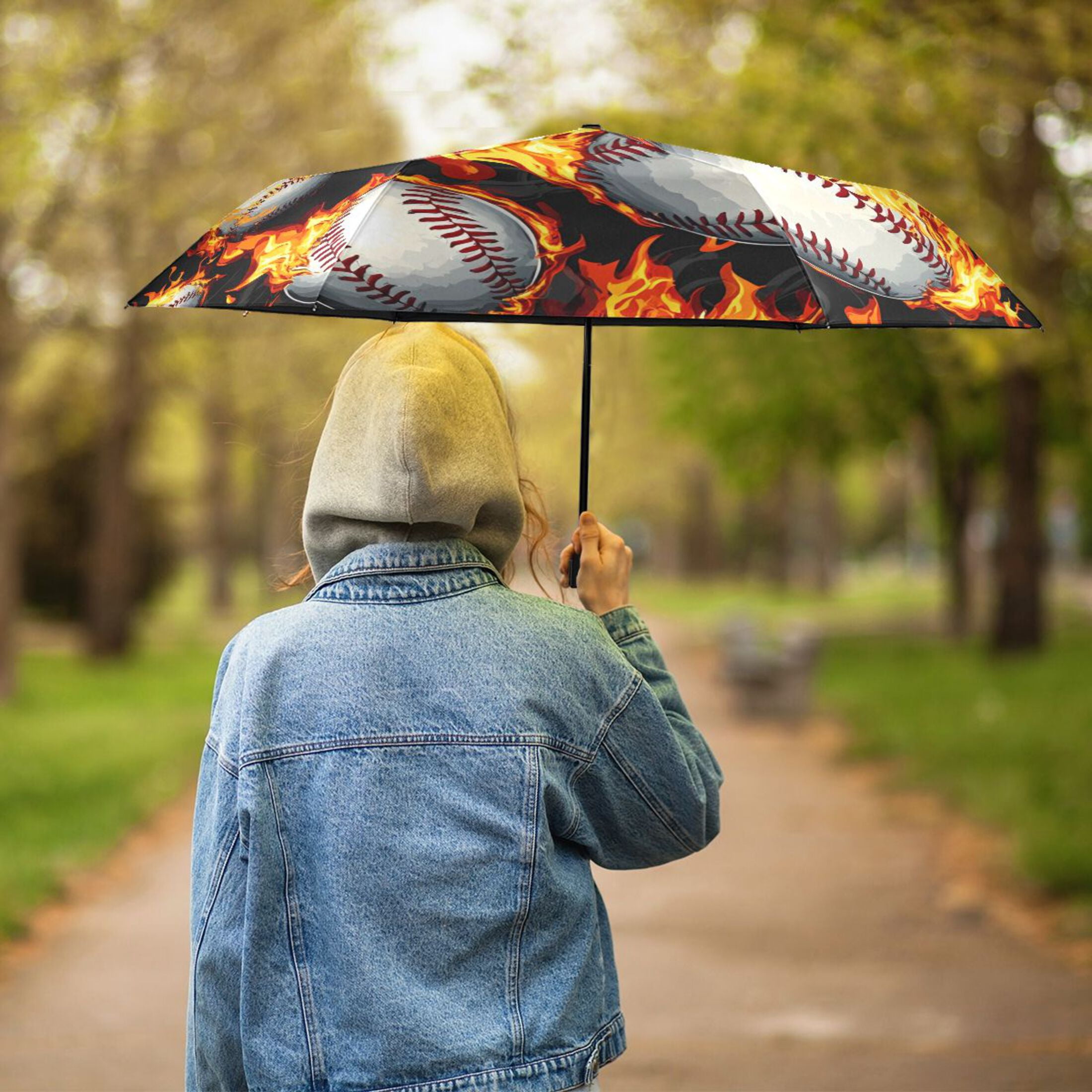ALAZA Baseball with Fire UPF 50+ Compact Folding Umbrella for Rain Travel Umbrella Packable