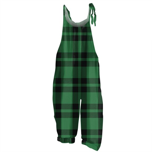 Women's Vintage Casual Loose Plaid Print Cotton Linen Jumpsuit with Shoulder Straps, Army Green, Size L