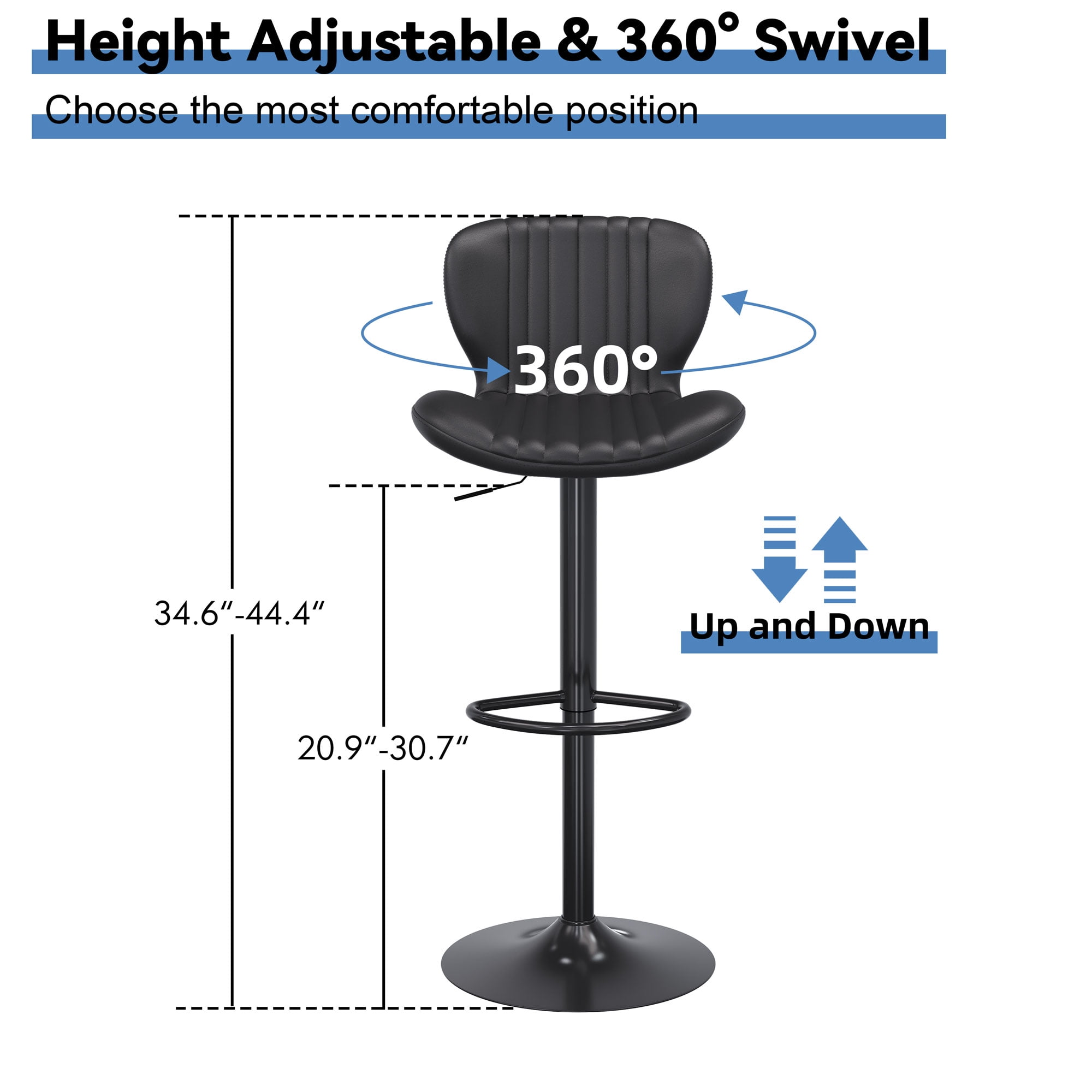 Walsunny Adjustable Bar Stools Set of 4 Leather Upholstered Swivel Counter Stools Counter Height Bar Stools with Large Base, Room Bar, Black