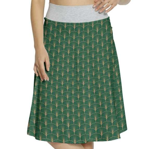 Women's Art Deco Exotic Abstract Fan Shapes A-line Printed Skirt Casual Wear, XL, Forest Green Sand Brown, by Ambesonne
