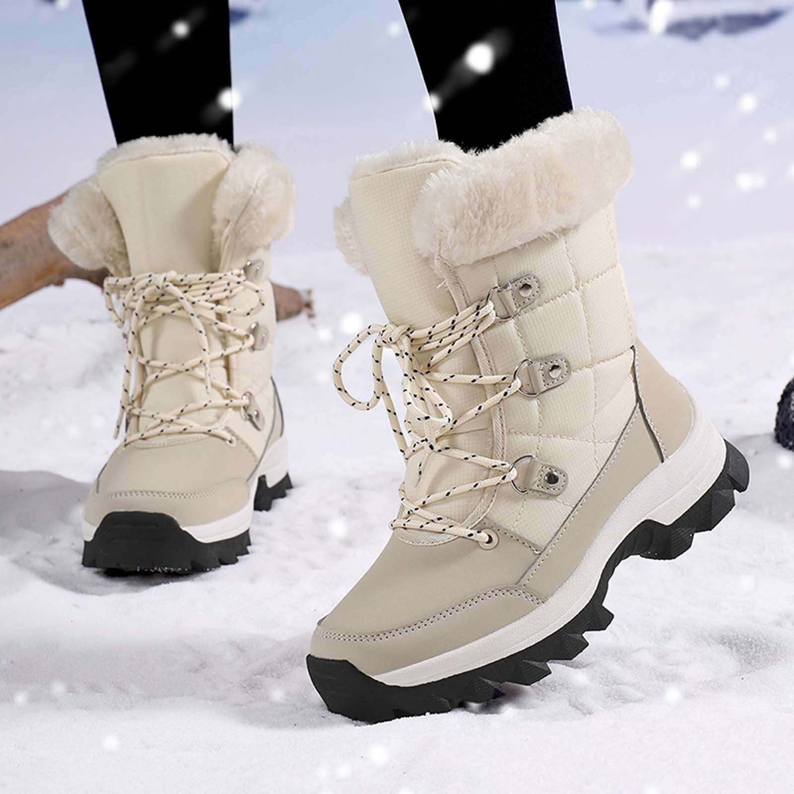 Gyexs Womens Winter Snow Boots Waterproof Shoes Walking Comfortable Hiking Tennis Booties Furry Mid Calf Warm Lightweight Sports Shoes, Beige, Size 6.5