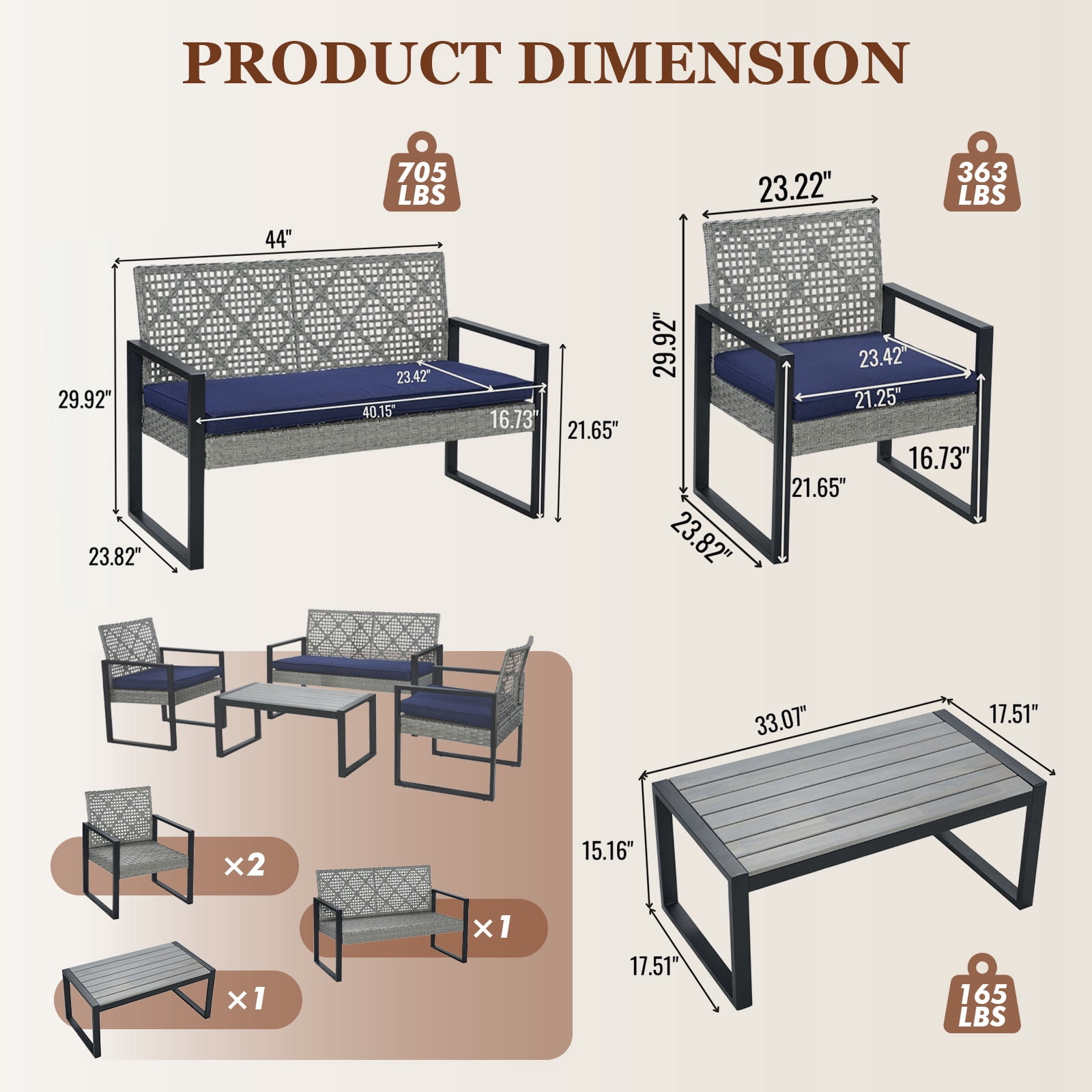 MOONMISS 4-Piece Wicker Outdoor Garden Furniture Corner Sofa Set With Cushions-Light Gray