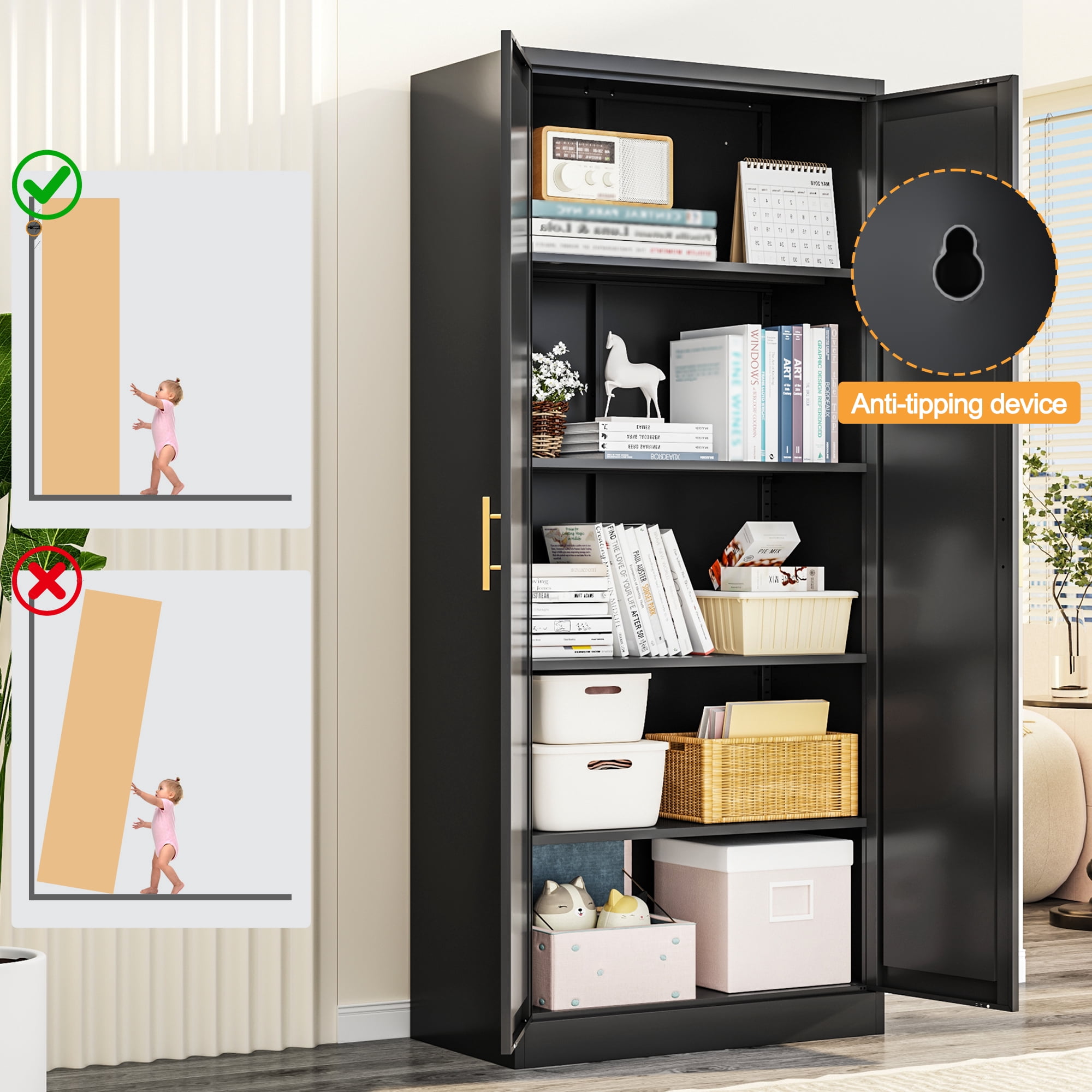 CJF Modern Metal Kitchen Pantry Cabinet, 71" Tall Lockable Storage Cabinet with 2 Doors & 4 Adjustable Shelves, Black