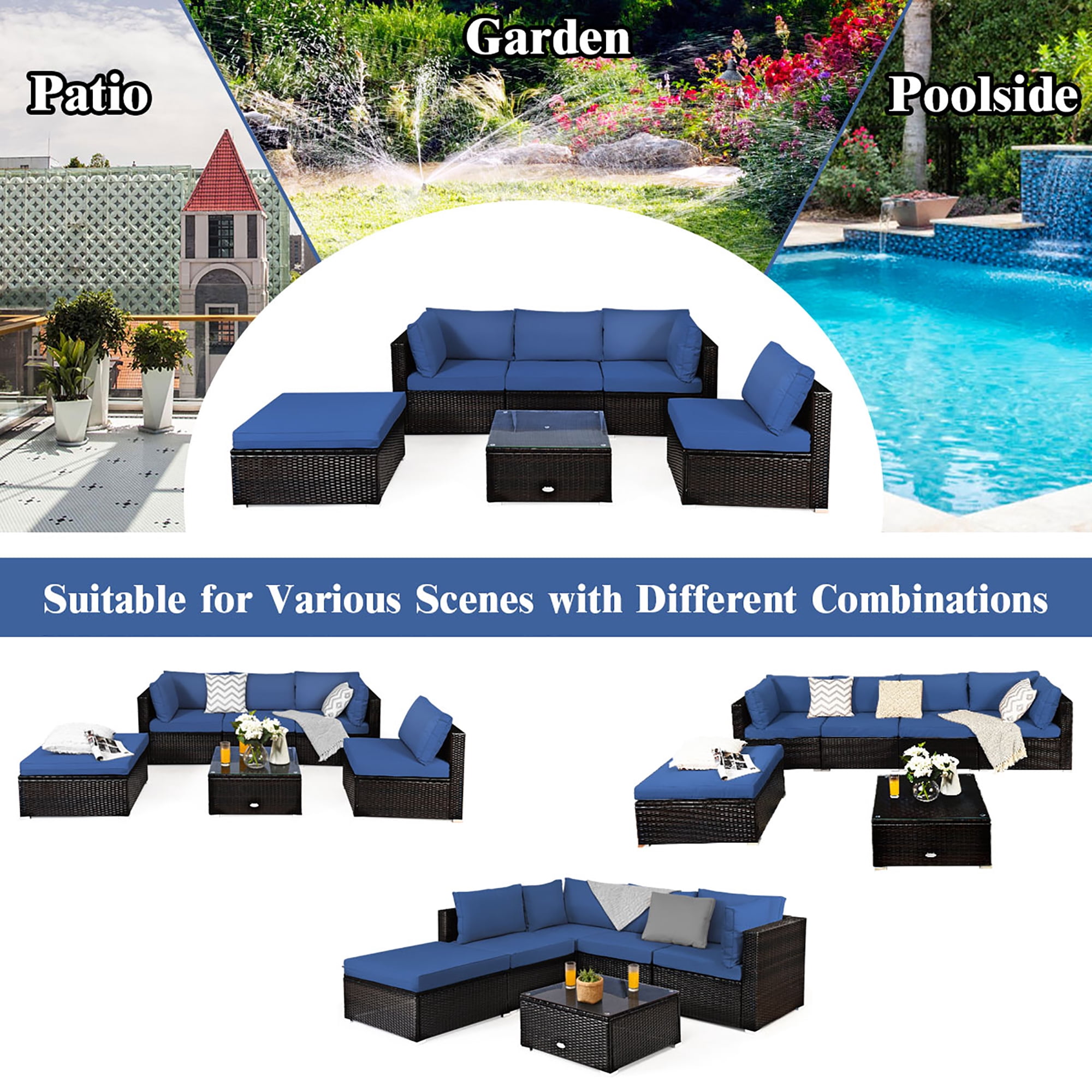 Costway 6PCS Outdoor Patio Rattan Furniture Set Cushioned Sectional Sofa Navy