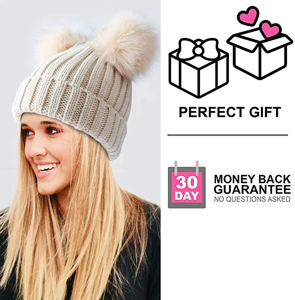 Womens Winter Double Pom Pom Beanie 