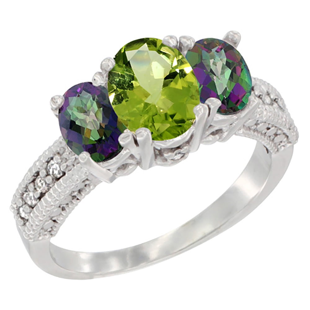 10K White Gold Diamond Natural Peridot Ring Oval 3-stone with Mystic Topaz, sizes 5 10 by WorldJewels