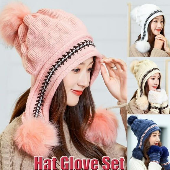 Women Winter Knitted Beanie Hat Glove Set Skull Cap Touchscreen Gloves
