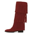 thumbnail image 2 of YDN Women Round Toe Tassels Mid Calf Boots Flats Pull On Fringed Low Heels Winter Fall Party Festival Shoes Size 5 Red, 2 of 4