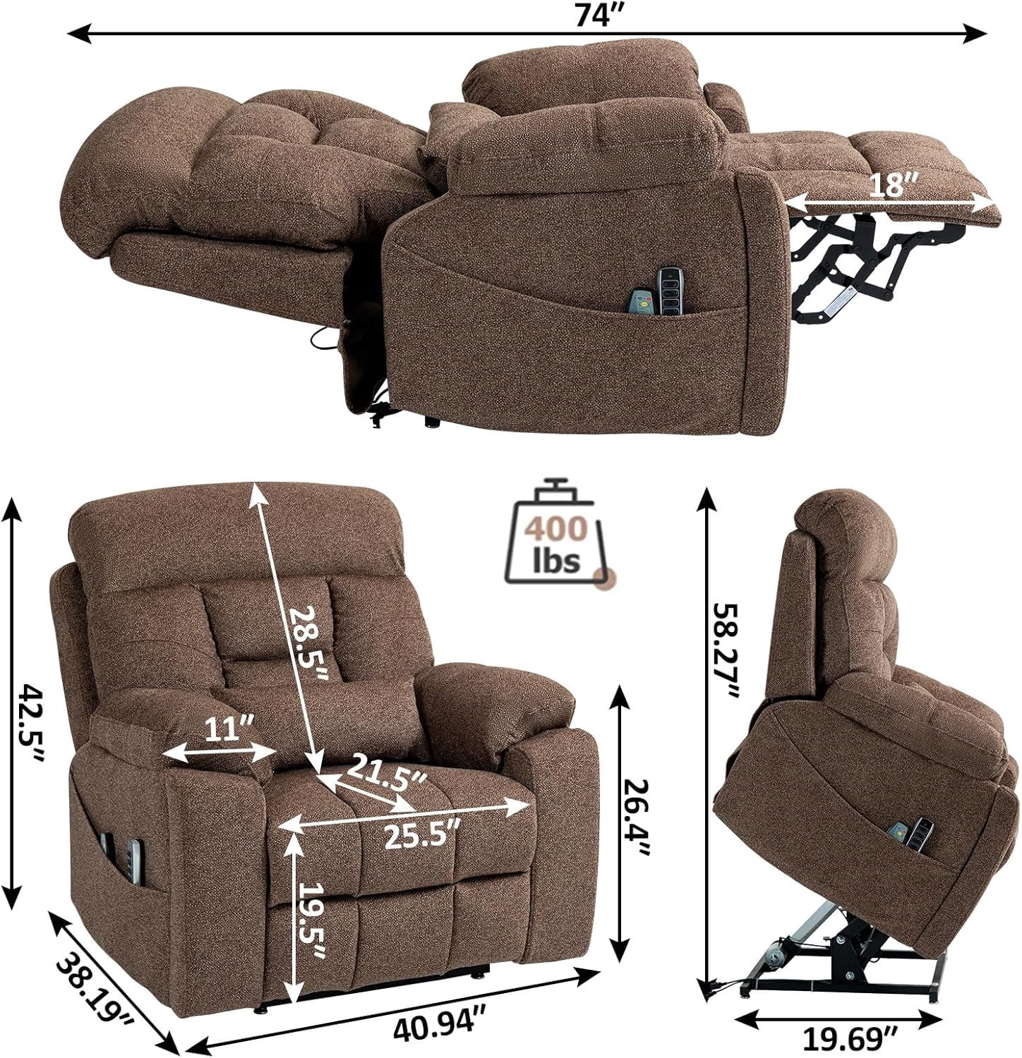 4 OKIN Motor Power Lay Flat Lift Recliner Chair for Elderly Adults Extra Large Recliners with Massage Heat, Adjustable Head-Back-Lumbar-Leg-Support, Extended Footrest, 2 Cup Holders