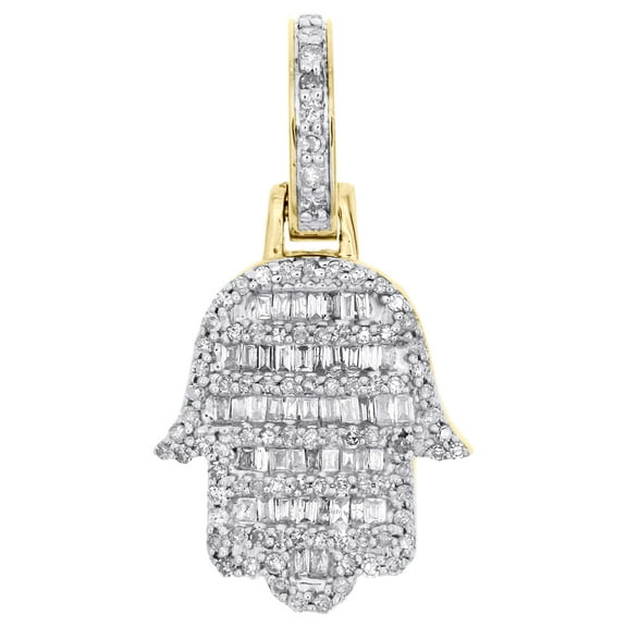 10K Yellow Gold Round & Baugette Diamond Mini Hamsa Hand Pendant 1" Charm 1/2 CT