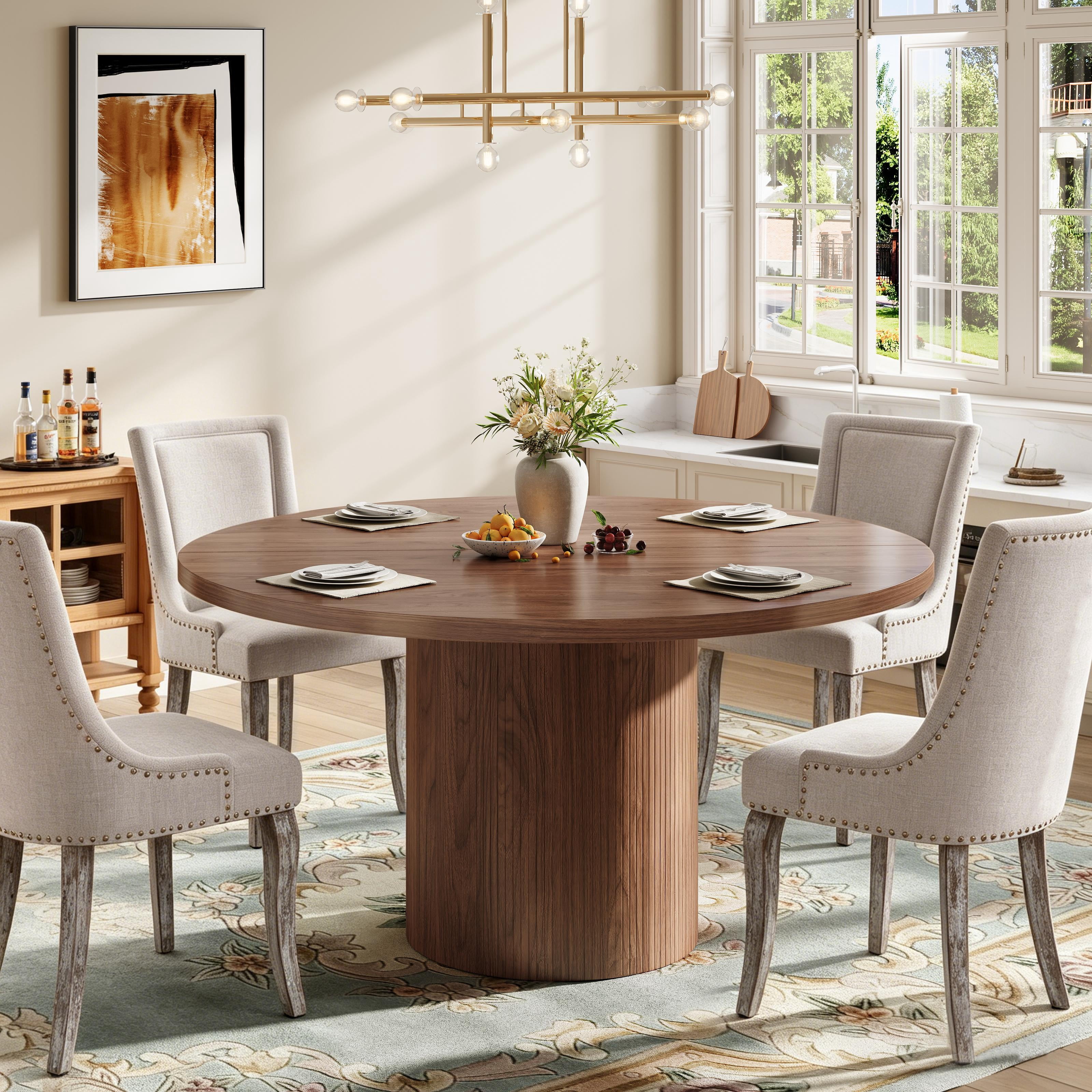 47" Dining Table, LEGAHOME Round Kitchen Table for 4, Wooden Circle Pedestal Table for Dining Room with 1.1in Thickness Tabletop, Walnut(Only Table)