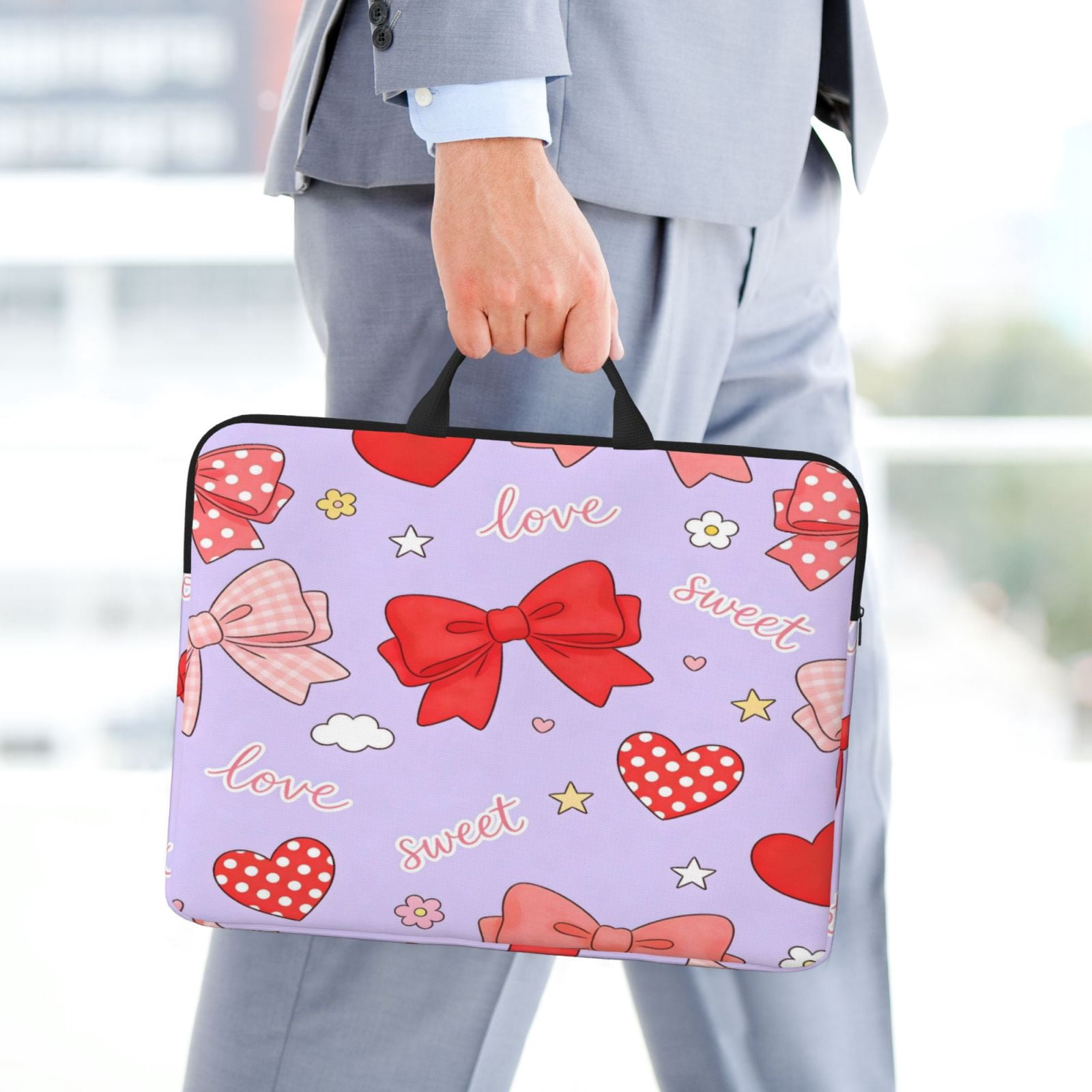Laptop Sleeve Bag For Women Men 14inch Waterproof Durable Protective Computer Carrying Cover Handle Laptop Case Bag Sweet Love Bow Heart Light Purple