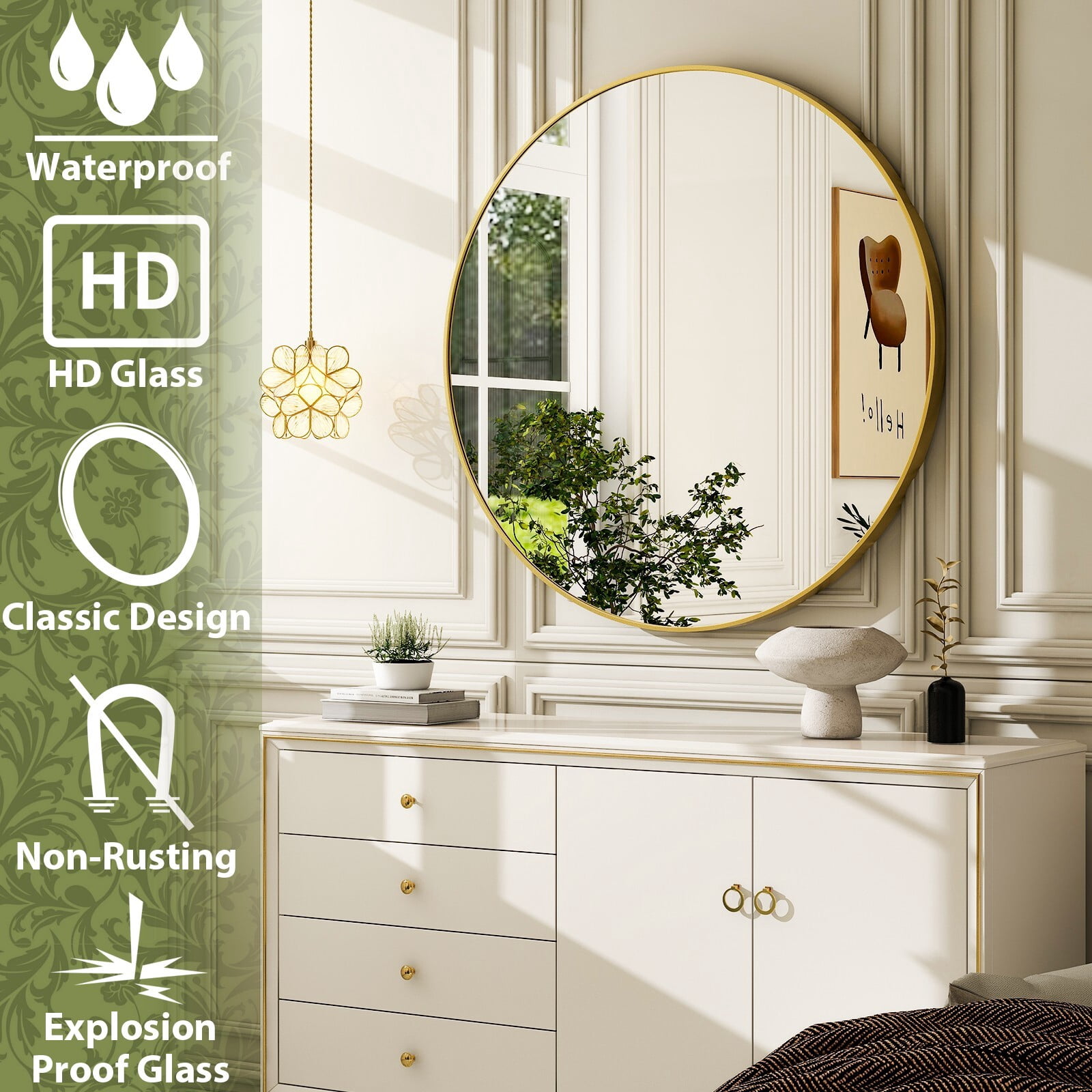 GRAHMCY 30" Round Bathroom Mirror Modern Circle Mirror leaning or Wall Mounted, Gold
