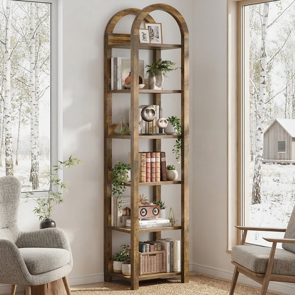 Fnova 71" Tall Narrow Arched Bookshelf, 6-Tier Farmhouse Wooden Bookcase, Display Shelf Rack for Living Room, Home Office, Small Spaces, Rustic Brown