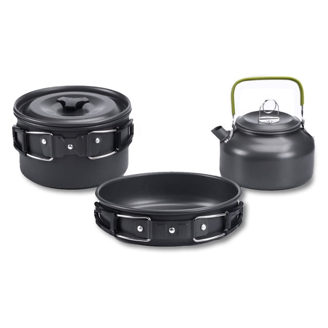 Utensilios de cocina al aire libre Camping Cocinar Pot Kit de utensilios de cocina Kit Portátil plegable Mango aislado Pan Mochilero Hervidor de agua Negro 3 piezas kenally OD003503-02B