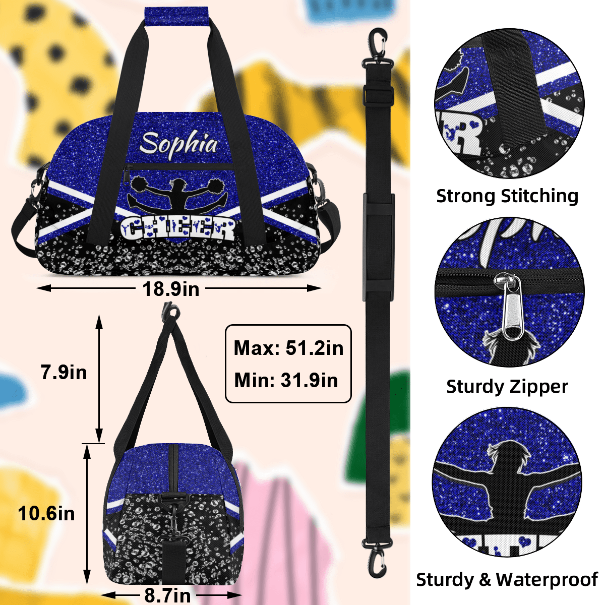 Jiaoprinted Personalized Cheerleader Bag Dance Bag, Custom Sport Gym Bag with Name, Customized Travel Duffel Bag for Cheer Team, Blue Glitter