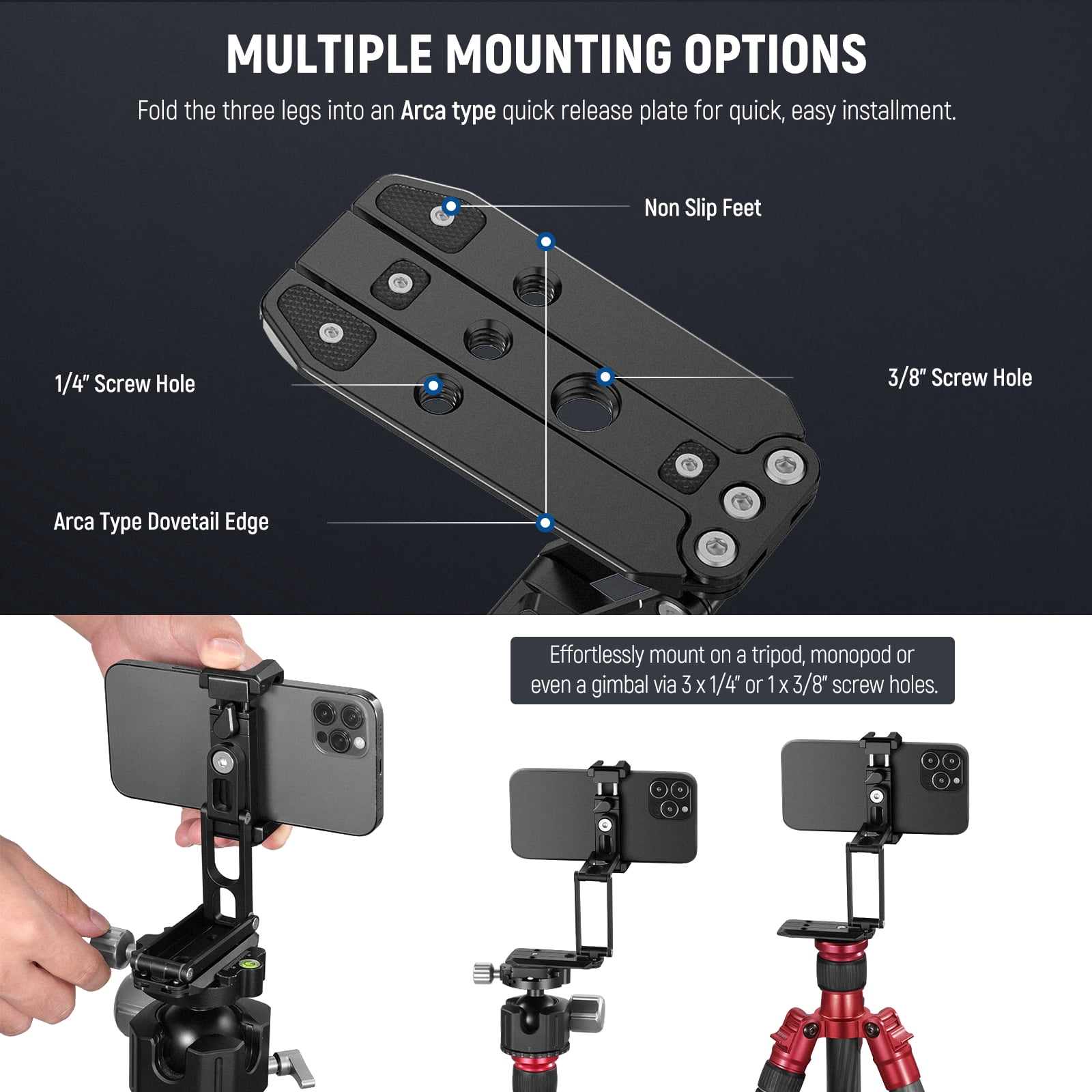 Neewer SP-04 Phone Tripod Mount with Cold Shoes, Metal Tri-Fold Grip for iPhone, Multi-Angle Holder for Streaming/Vlogging