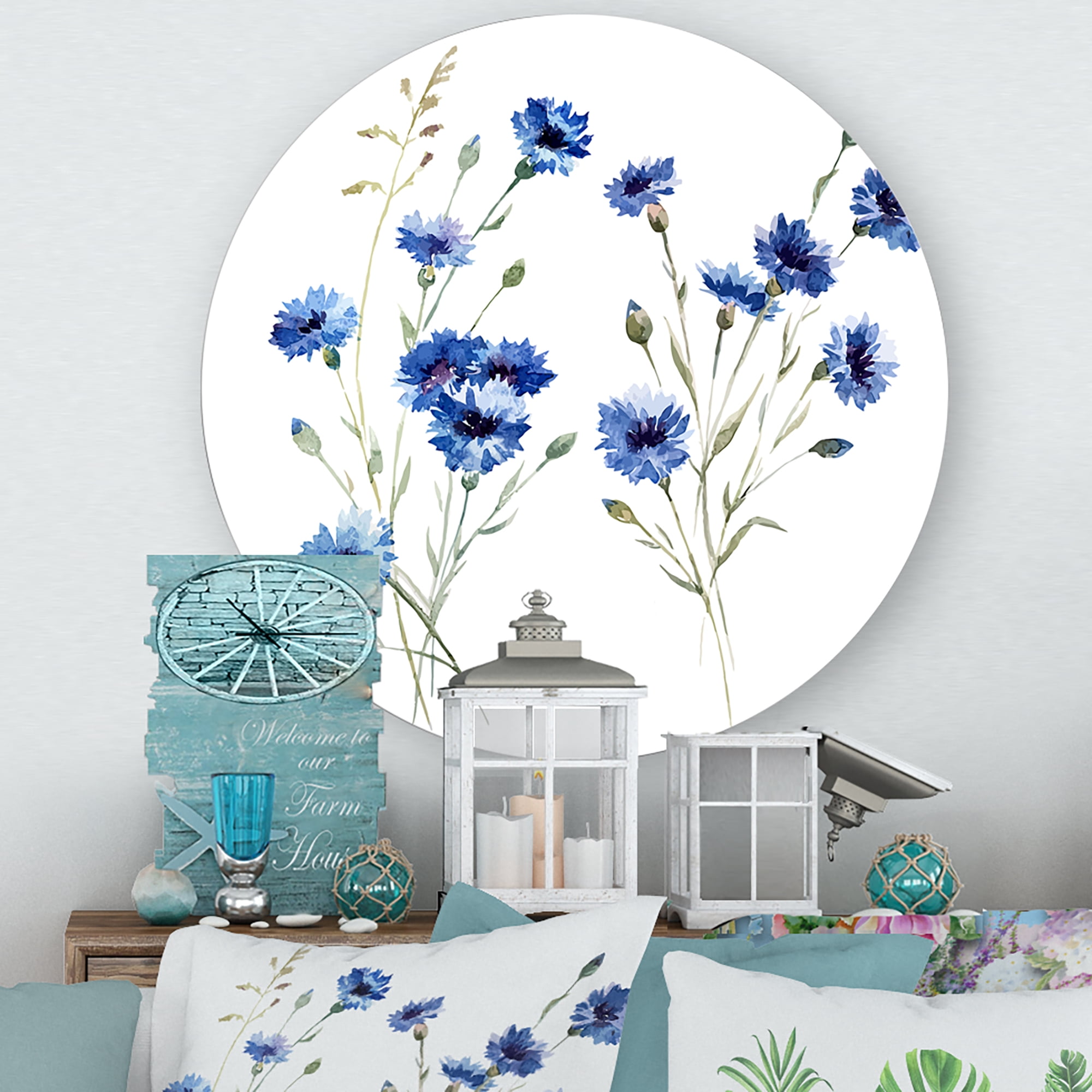 Designart 'Blue Cornflowers With Green Leaves On White III' Traditional Circle Metal Wall Art 23x23 - Disc of 23