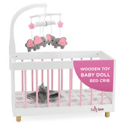 Emily Rose Toy Wooded Doll Bed Crib with Elephant Lovey and Matching Spinning Mobile - for Dolls up to 20 inches - White/Pink/Gray