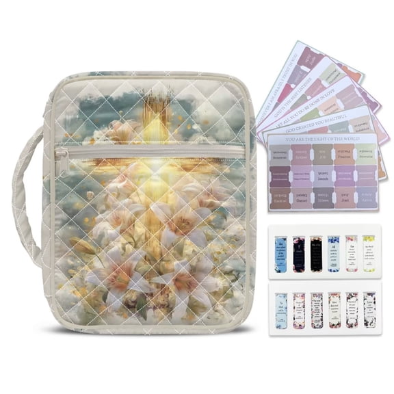 Tutolipy Portable Bible Carrying Case Church Bag with Bookmarks for Women Men Lightweight Bible Covers with Front Pocket Gift for Christian Men Women with Lily Cross Printed, Yellow and Blue