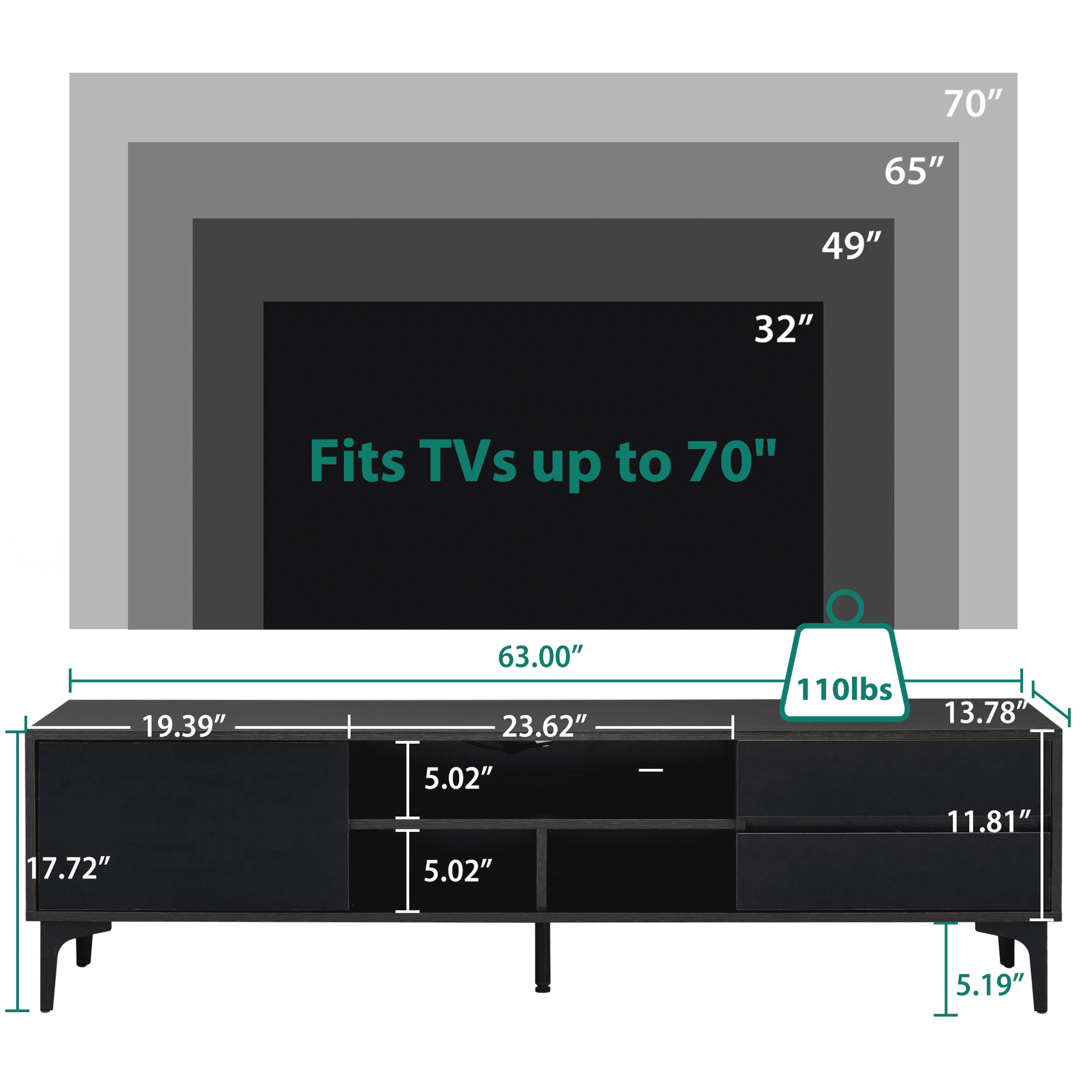 PORKISS 63" High Gloss LED TV Stand for TVs up to 70", Modern Low Profile TV Entertainment Center with RGB Lights, Remote/App Control, Storage Drawers and Open Shelves, Black