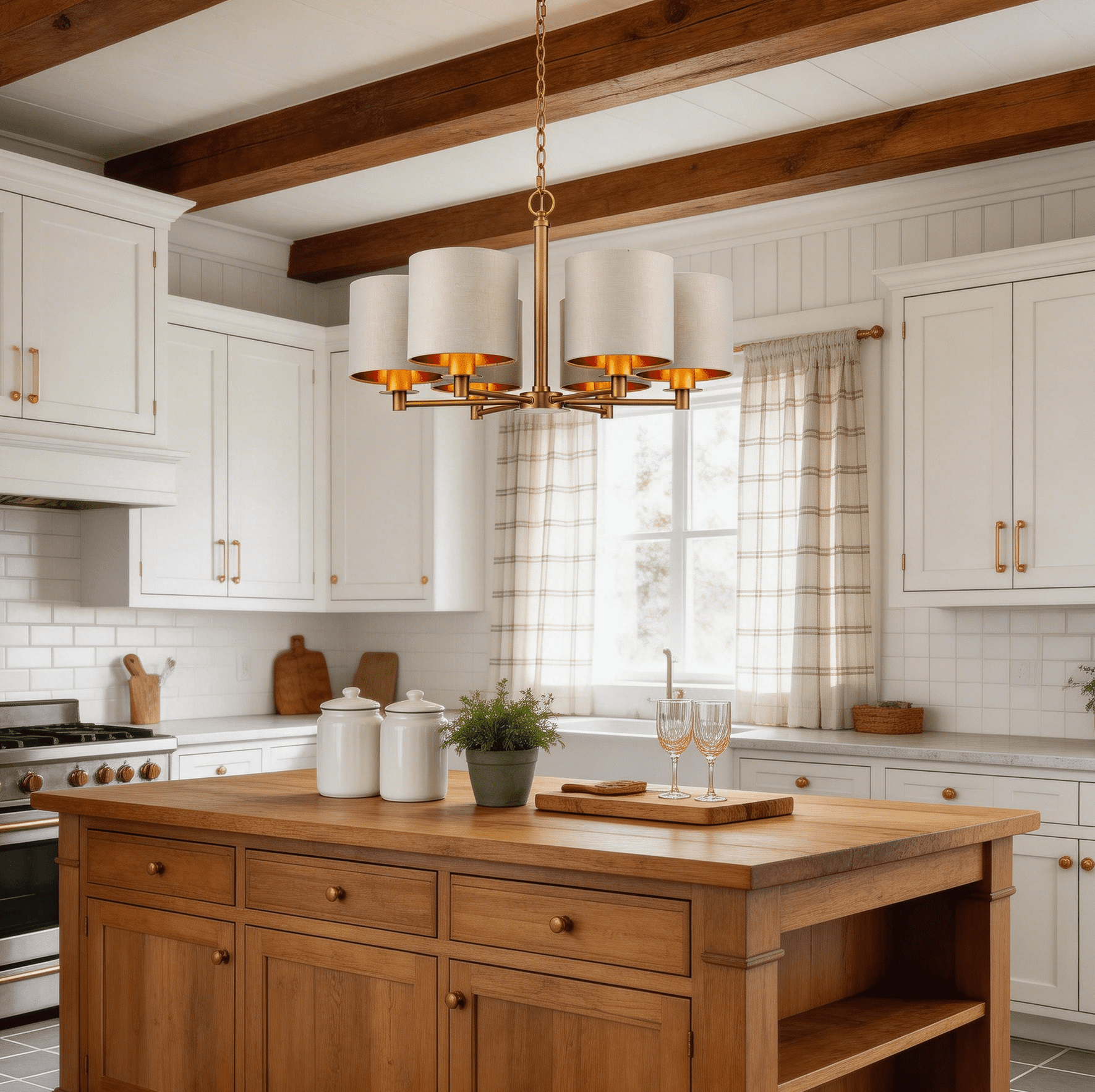 6-Light Modern Drum Chandelier Dining Room Pendant Light Fixture with Gray/Gold Fabric Shade for Kitchen, Island, Dining Room, Living Room