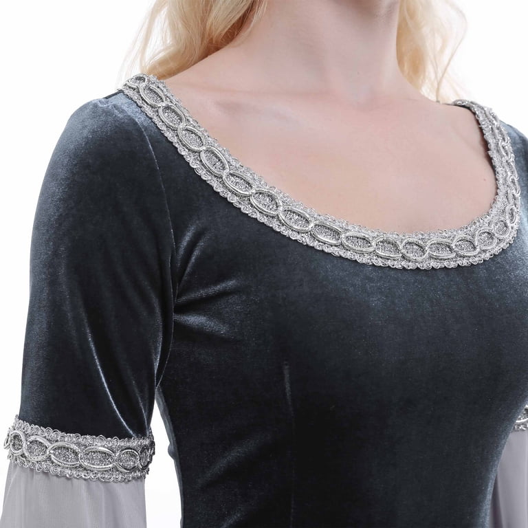 Daizbella Medieval Renaissance Dress Vintage Retro Dress Grey Velvet Gown with Chiffon Sleeves, M