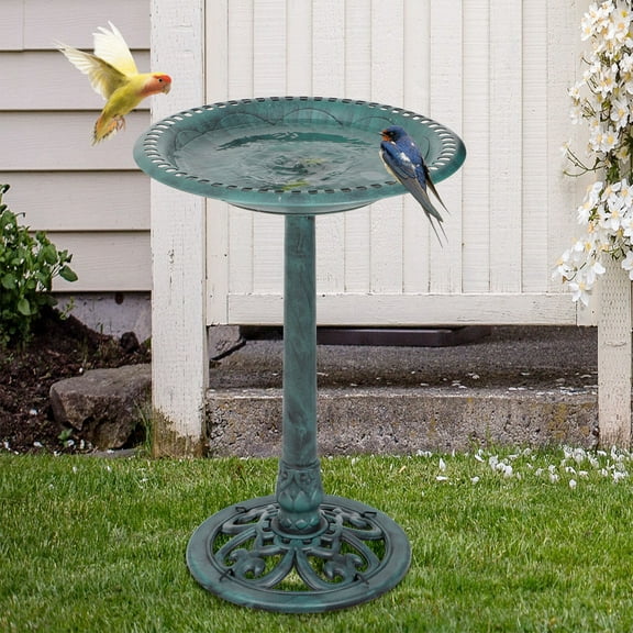 28" Height Pedestal Bird Bath Patio Garden Decoration Vintage Outdoor Yard Green