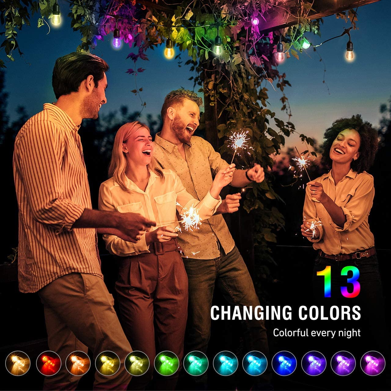 YI Lighting - 48ft Outdoor String Lights with 15pcs S14 RGBW Music-Synced Color Changing Bulbs Remote Control for Patio Yard Garden Party