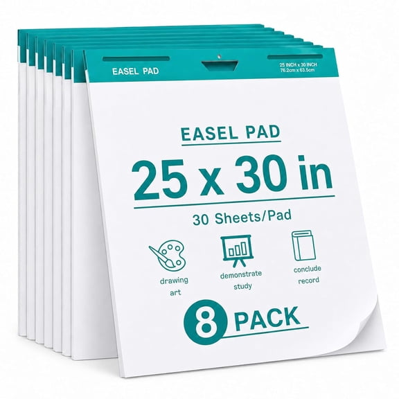 25 x 30 Inch Sticky Easel Pad, 30 Sheets Adhesive Chart Paper, 8 Pads Large Easel Paper Pad with Self Adhesive Backing, Premium White Chart, Ideal for Meetings, Presentations and Projects