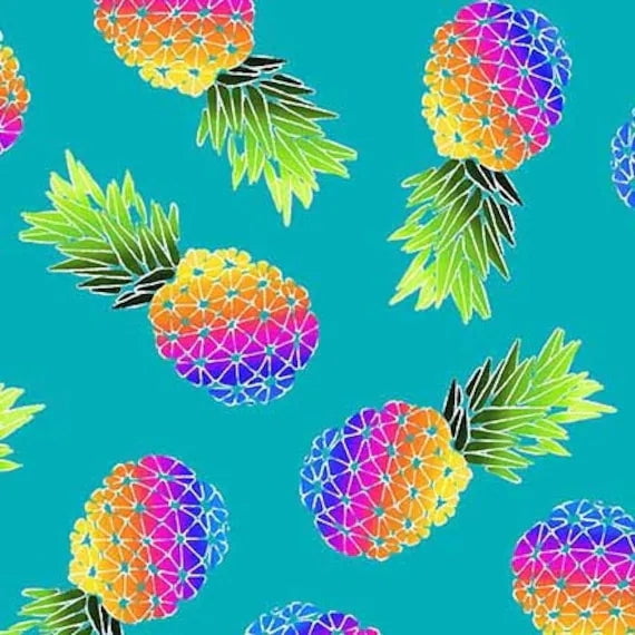 Party Pineapples Turquoise Cotton Fabric
