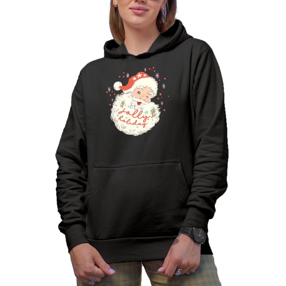 It's a Jolly Holiday, Santa's Wink Art Merch Gift, Black Hooded Sweatshirt or Hoodie, Small