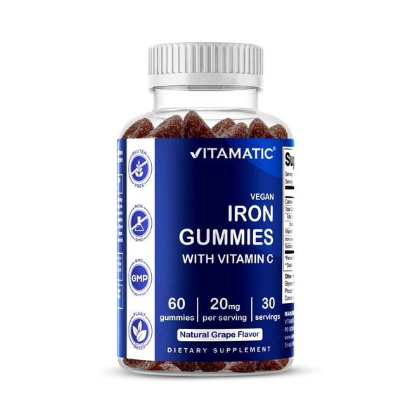 Vitamatic Iron Supplement Gummy for Women & Men - 20mg Serving - 60 Vegan Gummies - Great Tasting Iron Gummy Vitamins with Vitamin C
