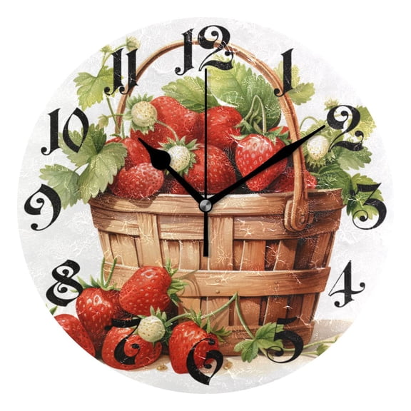 Wall Clock 10 Inch Silent Non-Ticking 8 Strawberry with Leaves Battery Operated Rustic Retro for Living Room Home Kitchen Bathroom