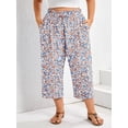 thumbnail image 6 of SHOWMALL Plus Size Cropped Pants for Women, Flowy Wide Leg Capris for Casual & Resort Wear, Cottagecore Pink Blue Floral​ 4X Lightweight High Rise Travel Pants with Pockets, 6 of 8